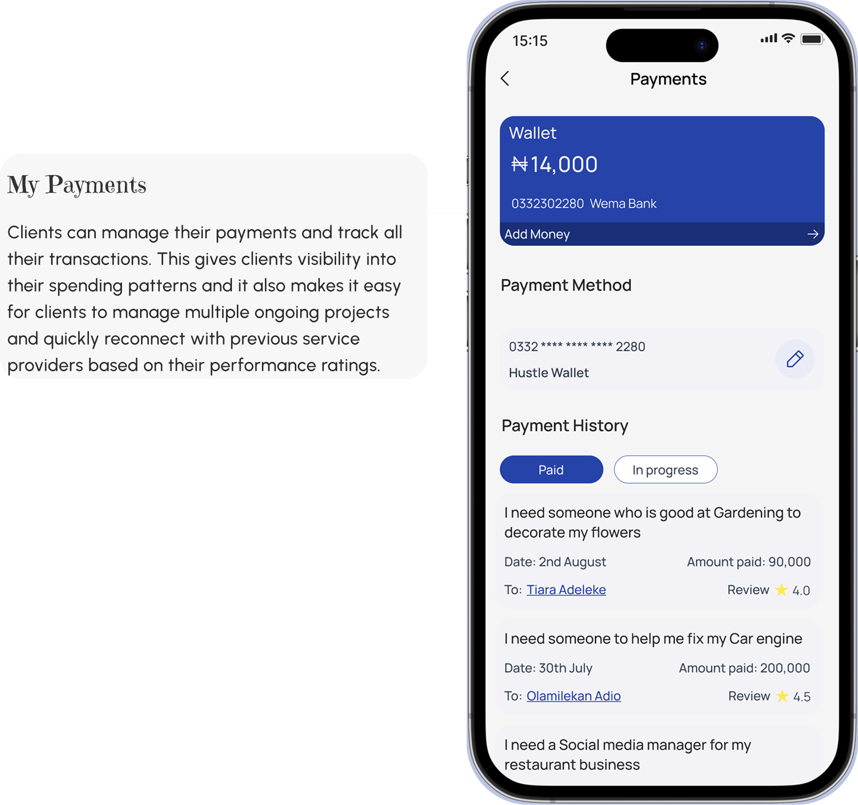 Hustle app My Payments screen showing wallet balance and transaction history